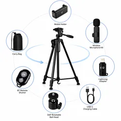 Professional Vlogging Starter Kit | Microphone K8 | BT Shutter | Mobile Holder Tripod Kit (Black, Supports Up to 3000 g)