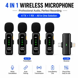 T90-V3 4-in-1 Wireless Lavalier Microphone with 4 TX & 1 RX, AI Noise Reduction Microphone