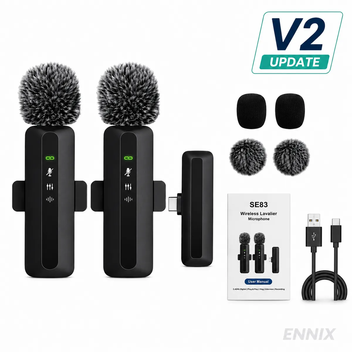 SE83 Wireless Lavalier Microphone V2 – Dual Mic for Android, Laptop & USB-C | Noise Cancellation